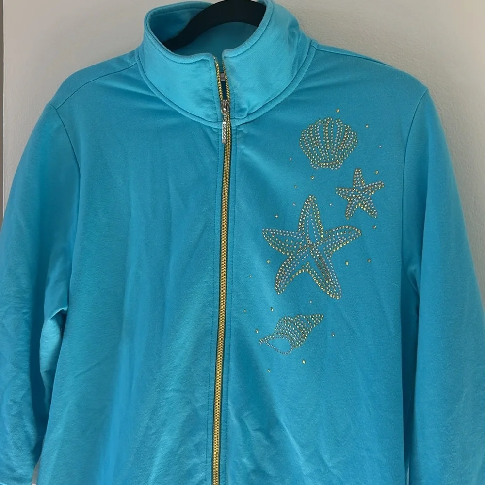 The Quacker Factory Blue 3/4 Sleeve Jacket with Gold Sequin Starfish Medium